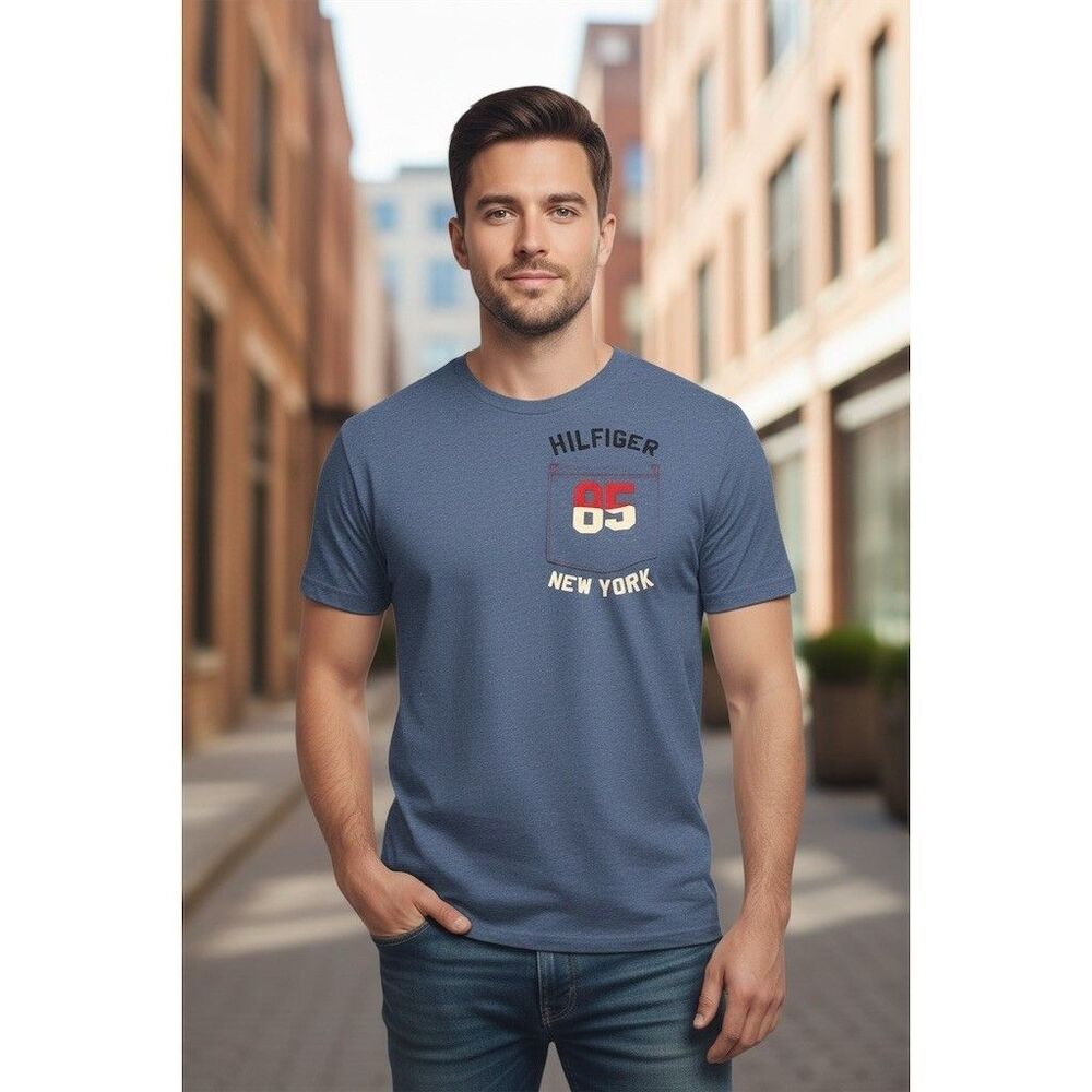 Tommy Hilfiger T-Shirt Mens 2XL Blue Heather Hilfiger 85 New York Logo Pocket